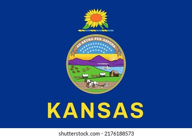 Flag of Kansas, symbol of USA federal state. Kansasian full frame federal flag with state seal on dark blue field, symbol of nature and history of Kansas realistic vector illustration