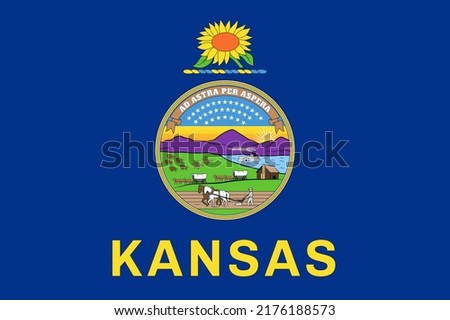 Flag of Kansas, symbol of USA federal state. Kansasian full frame federal flag with state seal on dark blue field, symbol of nature and history of Kansas realistic vector illustration