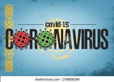 Flag of Kazakhstan with coronavirus covid-19. Virus cells coronavirus bacteriums against background of the flag of Kazakhstan. Coronavirus outbreak in Kazakhstan. Mode quarantine. Vector illustration