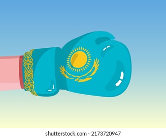 Flag of Kazakhstan on boxing glove. Confrontation between countries with competitive power. Offensive attitude. Separation of power. Template ready design.