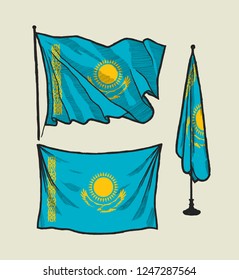 Flag of Kazakhstan on the wind and on the wall illustration set