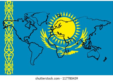 The flag of Kazakhstan with the outline of the world