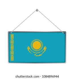 Flag of Kazakhstan. The symbol of the state in the pennant hanging on the rope, 
rectangle hanging. Vector Illustration EPS10. White Background.