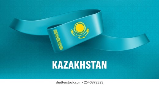 Flag of Kazakhstan. Waved silk ribbon on a blue background with a traditional kazakh ornament, sun and the eagle. Background for greeting card of national holidays in Kazakhstan