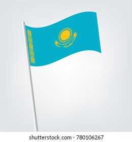Flag of Kazakhstan , Kazakhstan flag waving isolated vector illustration,Kazakhstan vector flag template. Waving flag of Kazakhstan on a metallic pole, isolated on a white background.