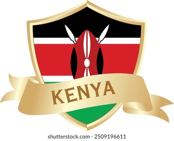 Flag of Kenya as around the metal gold shield with Kenya flag