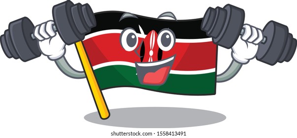 Flag kenya with bring barbell cartoon with character happy