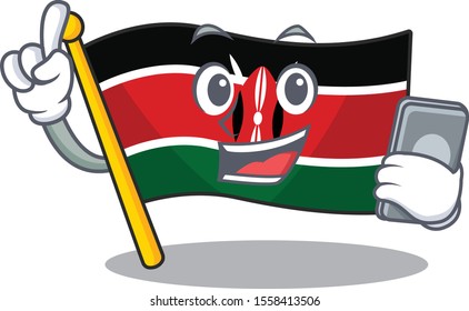 Flag kenya with holding phone cartoon with character happy