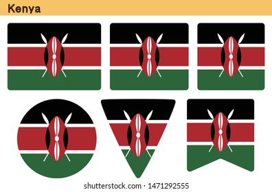 Flag of Kenya. Flag icon set of six different shapes. Vector Illustration.
