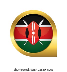 Flag of Kenya, location map pin, pointer flag, button with the reflection of light and shadow, gold frame, Icon country. Realistic vector illustration on white background.
