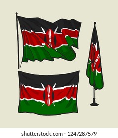 Flag of Kenya on the wind and on the wall illustration set