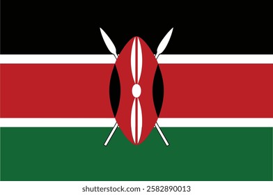 The flag of Kenya is a tricolour of black, red, and green with two white edges imposed with a red, white and black Maasai shield and two crossed spears.