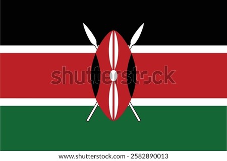 The flag of Kenya is a tricolour of black, red, and green with two white edges imposed with a red, white and black Maasai shield and two crossed spears.