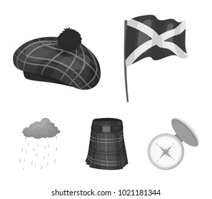 Flag, kilt, rainy weather, cap.Scotland country set collection icons in monochrome style vector symbol stock illustration web.