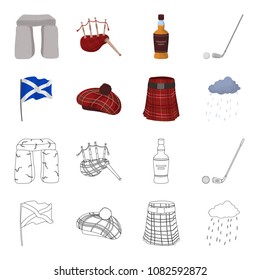 Flag, kilt, rainy weather, cap.Scotland country set collection icons in cartoon,outline style vector symbol stock illustration web.