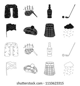Flag, kilt, rainy weather, cap.Scotland country set collection icons in black,outline style vector symbol stock illustration web.