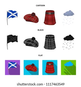 Flag, kilt, rainy weather, cap.Scotland country set collection icons in cartoon,black,flat style vector symbol stock illustration web.