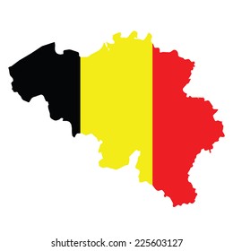 Flag of the Kingdom of Belgium overlaid on outline map isolated on white background 