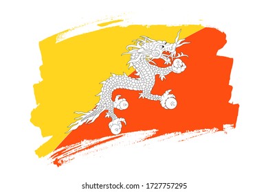 Flag of the  Kingdom of Bhutan.  Bhutan banner brush concept. Horizontal vector Illustration isolated on white background. 