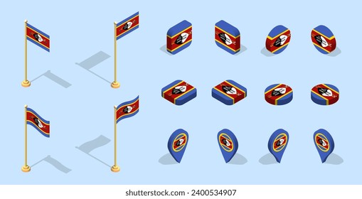 Flag of Kingdom of Eswatini. 3D isometric flag set icon. Editable vector for banner, poster, presentation, infographic, website, apps, maps, and other uses.