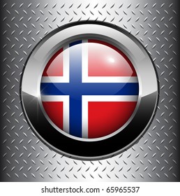 Flag of the Kingdom of Norway, button on metal background, vector.