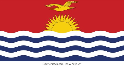 The flag of Kiribati (buraki ni Kiribati) is red in the upper half with a gold frigatebird flying over a gold rising sun, and the lower half is blue with three horizontal wavy white stripes to represe