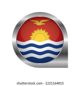 Flag of Kiribati, location map pin, pointer flag, button with the reflection of light and shadow, silver frame, Icon country. Realistic vector illustration on white background.