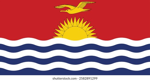 The flag of Kiribati is red in the upper half with a gold frigatebird flying over a gold rising sun (otintaai), and the lower half is blue with three horizontal wavy white stripes.