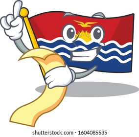Flag kiribati Scroll cartoon character holding menu ready to serve