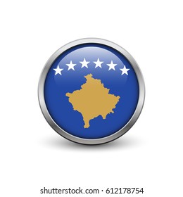 Flag of Kosovo, button with metal frame and shadow
