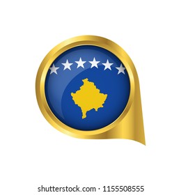 Flag of Kosovo, location map pin, pointer flag Kosovo, button gold, Icon country . Vector Illustration EPS10.