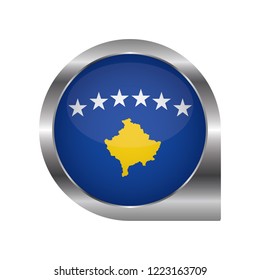 Flag of Kosovo, location map pin, pointer flag, button with the reflection of light and shadow, silver frame, Icon country. Realistic vector illustration on white background.