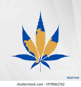 Flag of Kosovo in Marijuana leaf shape. The concept of legalization Cannabis in Kosovo. Medical cannabis illustration.