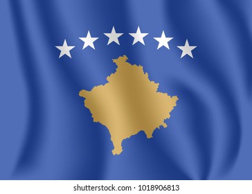 Flag of Kosovo. Realistic waving flag of Republic of Kosovo. Fabric textured flowing flag of Kosovo.