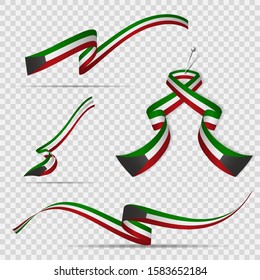 Flag of Kuwait. 25th of February. Set of realistic wavy ribbons in colors of kuwaiti flag on transparent background. Independence day. National symbol. Vector illustration.