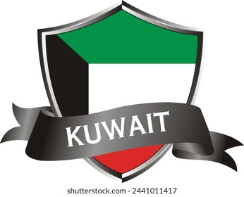 Flag of kuwait as around the metal silver shield with kuwait flag