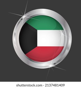 Flag of Kuwait in circle. 3D effect. Glossy and shiny button with metal frame and sparkles. Light reflection. Round Graphic design element. Isolated on gray background. Vector image EPS10