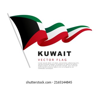 The flag of Kuwait hangs on a flagpole and flutters in the wind. Vector illustration isolated on white background. Colorful Kuwaiti flag logo.