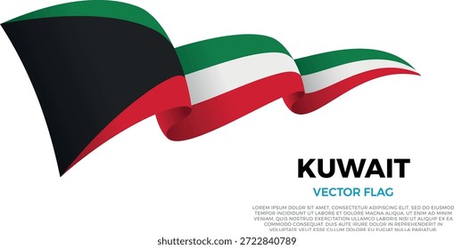 Bandeira do Kuwait. Kuwait e cultura árabe e islâmica. Coloque em um plano de fundo branco limpo com o nome do país e o espaço de cópia. Um sinalizador de vetor brilhante renderizado em três camadas que cria um efeito de ondulação dinâmico com sombras e gradientes realistas. As curvas elegantes e sombreamento realista criam uma sensação de movimento, tornando-o ideal para temas oficiais, projetos internacionais, materiais de viagem e apresentações culturais