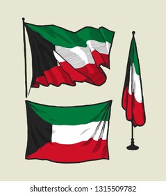 Flag of Kuwait on the wind and on the wall drawing vector illustration set