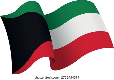 Bandeira do Kuwait. Bandeira estilo fita que transmite uma sensação de movimento e efeito de ondulação. As curvas elegantes e sombreamento realista criam uma sensação de movimento. Ideal para projetos internacionais, materiais de viagem e apresentações culturais.