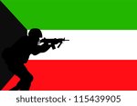 The flag of Kuwait and the silhouette of a soldier aiming their weapon