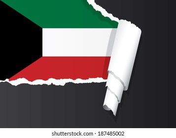 Flag of Kuwait under ripped paper vector illustration.