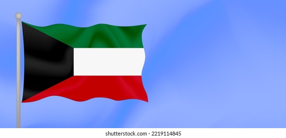 Bandera de Kuwait ondeando contra el cielo azul. Diseño de pancartas horizontales con bandera de Kuwait con espacio de copia. Ilustración del vector