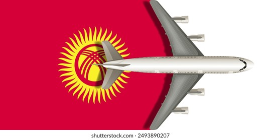Flag of Kyrgyzstan with an airplane flying over it close up. Vector image.