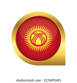 Flag of Kyrgyzstan, location map pin, pointer flag, button with the reflection of light and shadow, gold frame, Icon country. Realistic vector illustration on white background.