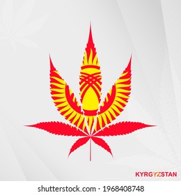 Flag of Kyrgyzstan in Marijuana leaf shape. The concept of legalization Cannabis in Kyrgyzstan. Medical cannabis illustration.