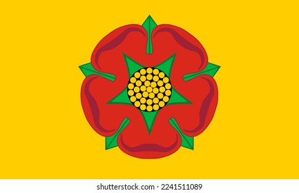 Flag of Lancashire or Lancs Ceremonial county (England, United Kingdom of Great Britain and Northern Ireland, uk) Red Rose flower of Lancaster on a yellow (gold) field