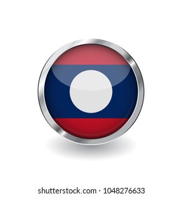 Flag of laos, button with metal frame and shadow. laos flag vector icon, badge with glossy effect and metallic border. Realistic vector illustration on white background.