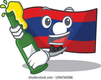 Flag laos Scroll with bottle of beer mascot cartoon style